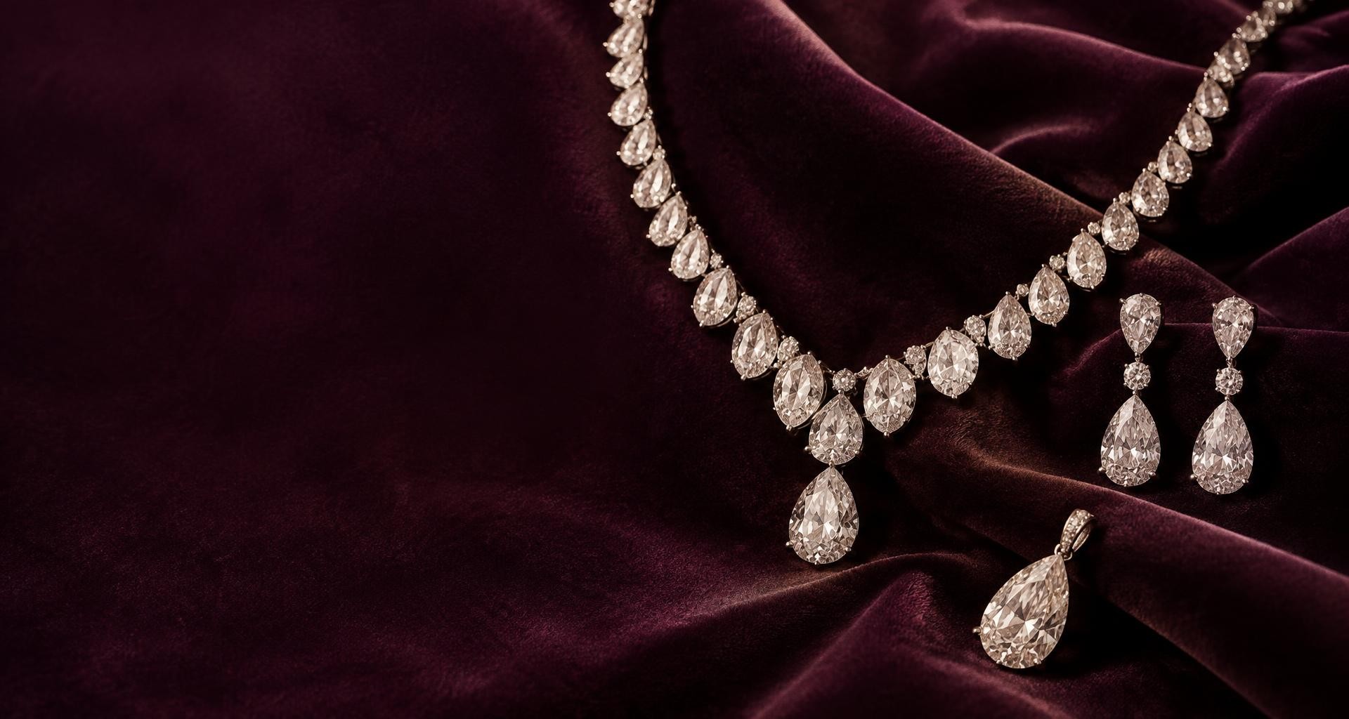 Diamond jewellery on rich plum velvet