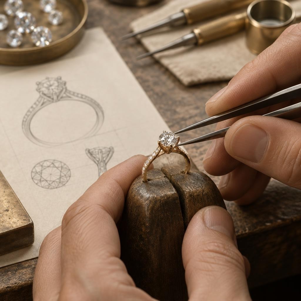 Jeweller setting a diamond by hand beside a ring design sketch
