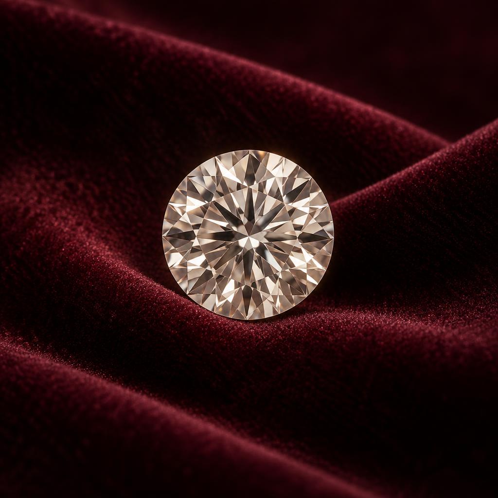 Brilliant-cut diamond on burgundy velvet