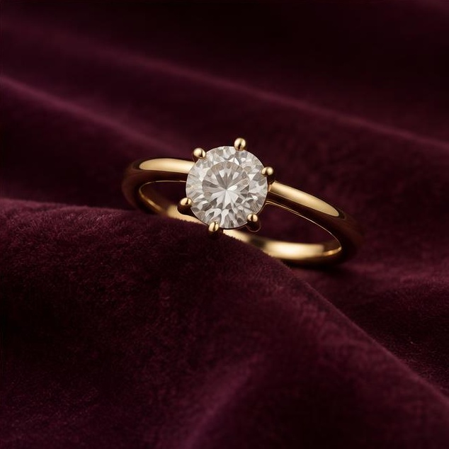 A solitaire diamond held in warm gold, on velvet