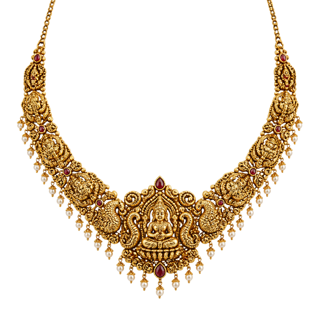 Temple to Treasure ornate gold necklace with ruby and pearl details