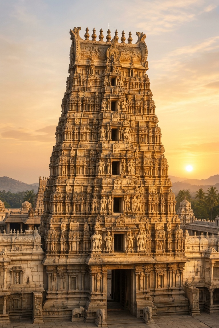 Intricately carved South Indian temple at sunrise
